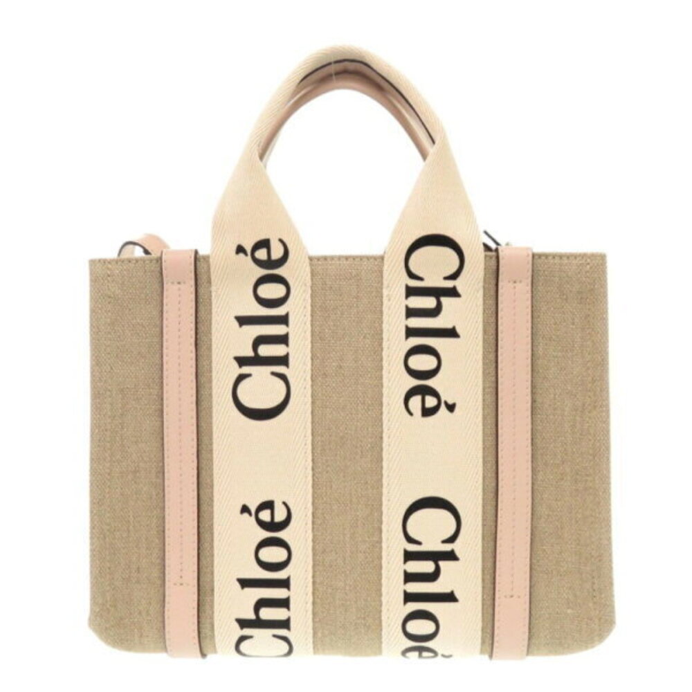 Chloe WOODY tote bag leather canvas beige pink handbag - Picture 3 of 8